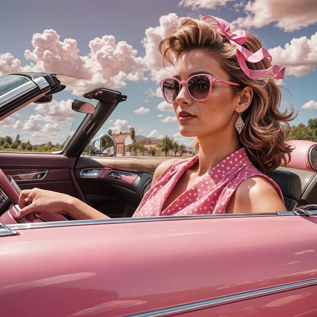 Pink Cadillac Convertible with Woman in Pink Dress