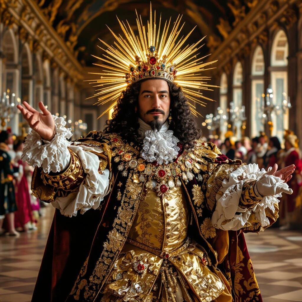 King Louis XIV as Sun King Dances in Opulent Baroque Style