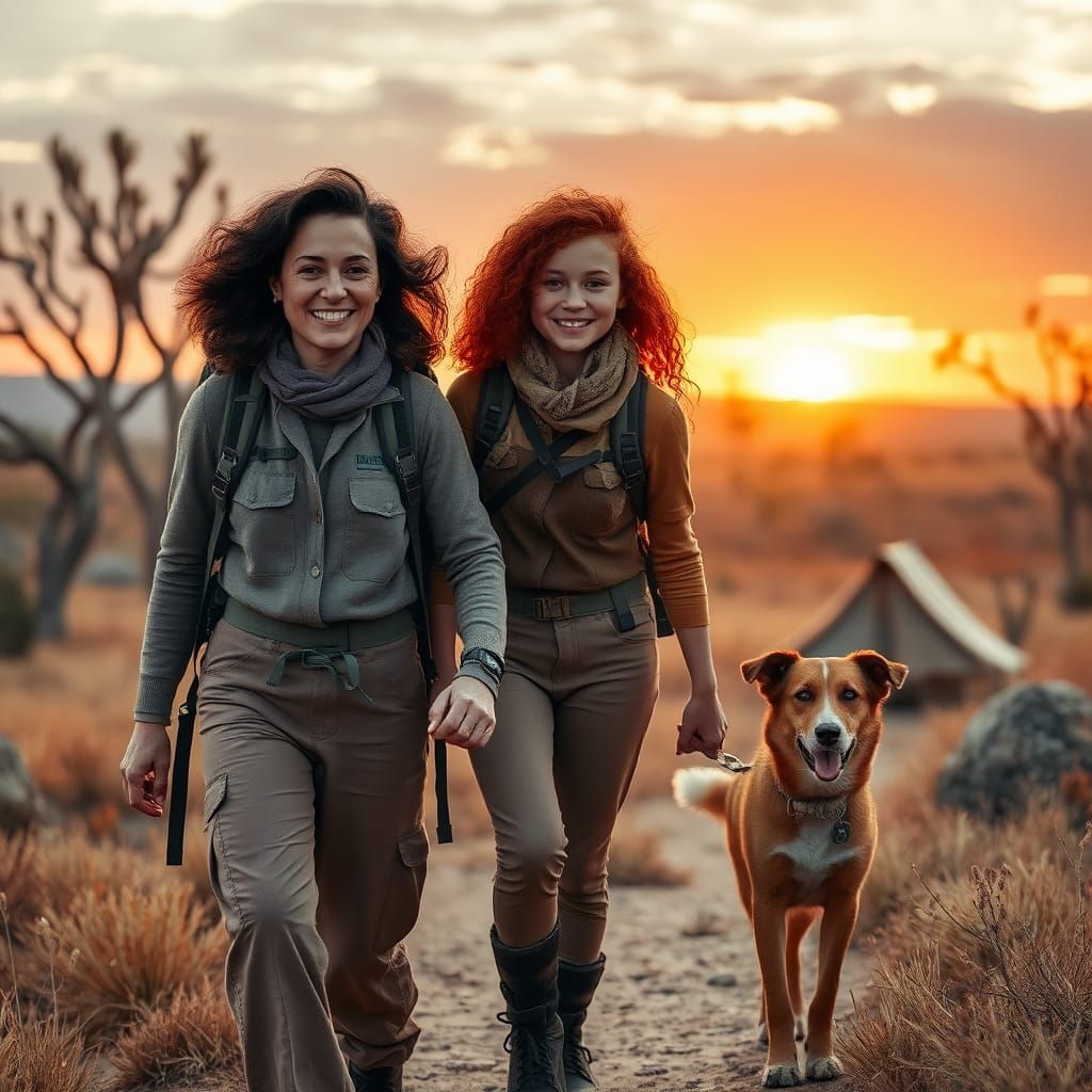 Mother and Daughter Hiking in Australian Outback Sunset