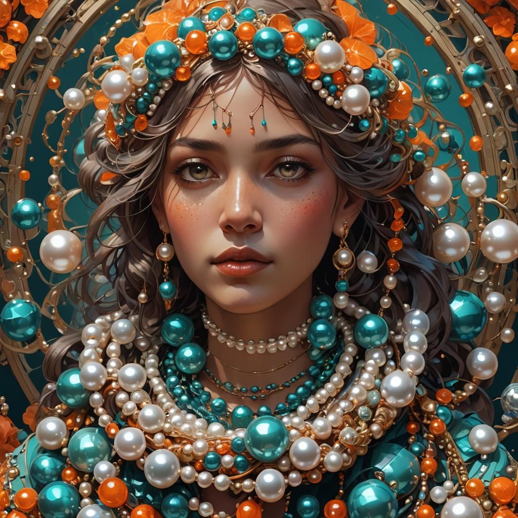 Pearls Around Neck: Hyperdetailed Art in Orange and Teal
