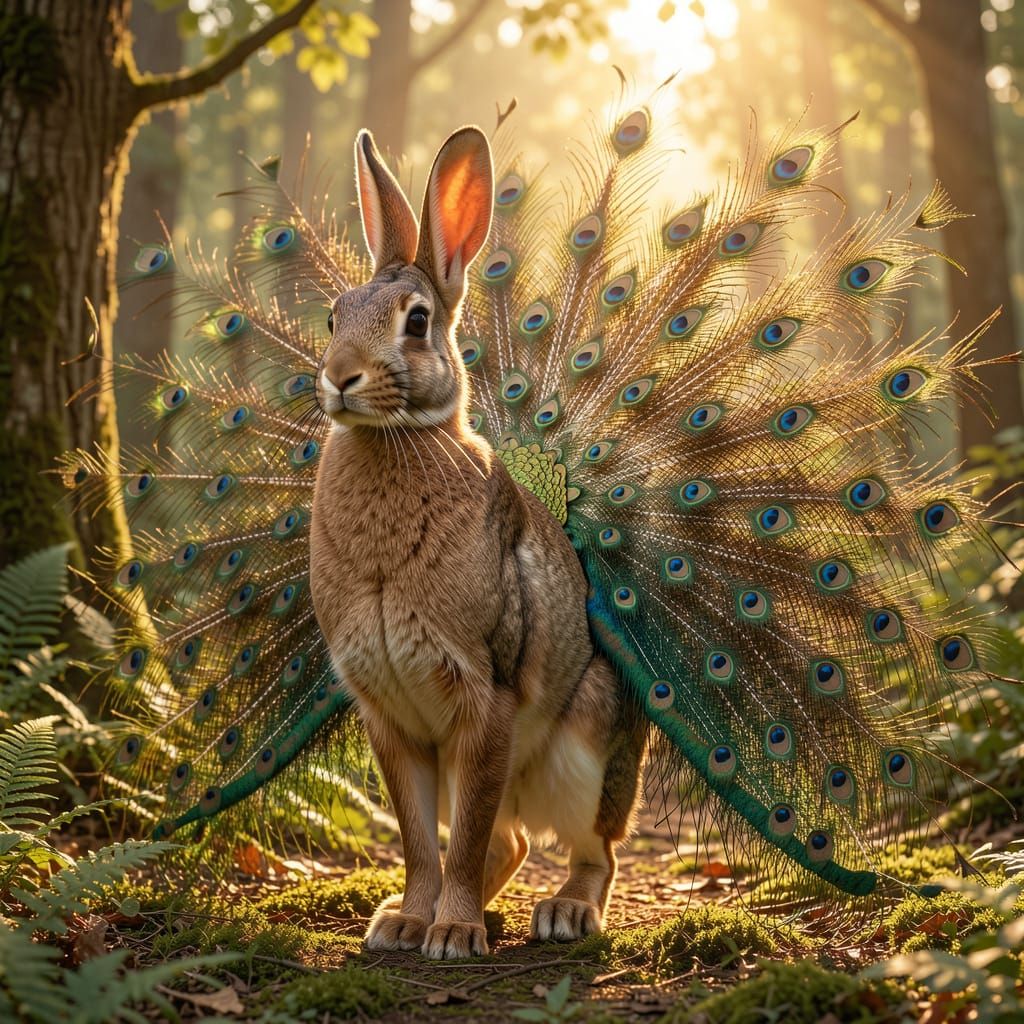 Realistic Bunny-Peacock Hybrid in Forest Clearing
