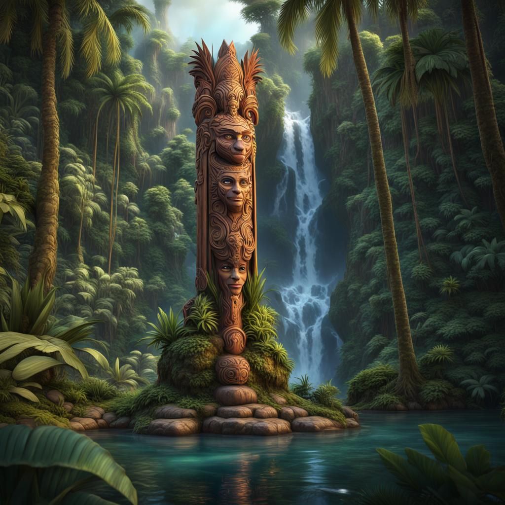 Tongan Totem Sculpture in Jungle River Landscape