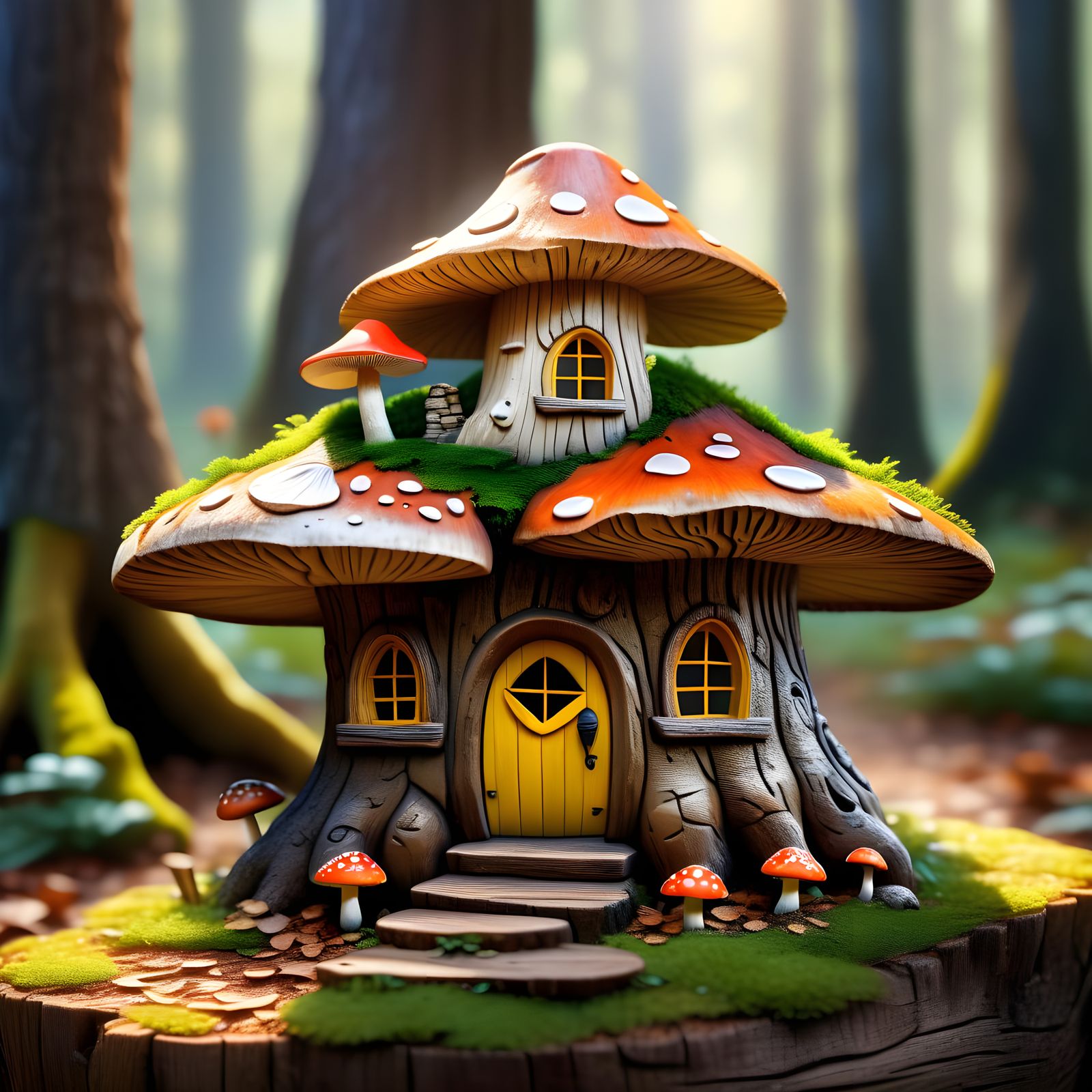 Fairy Mushroom House Carved from Oak Stump