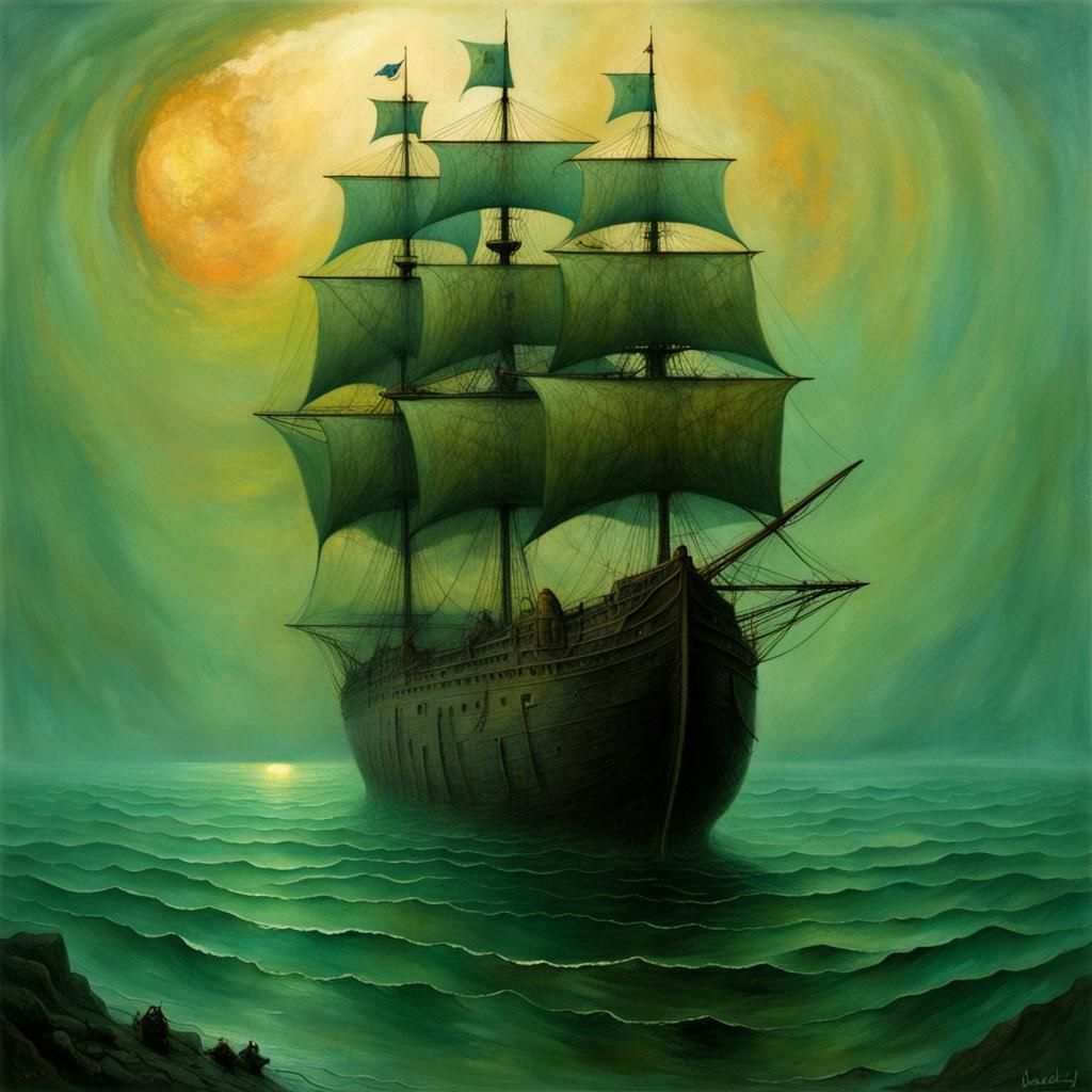 Surreal Mayflower Ship on Dark Sea