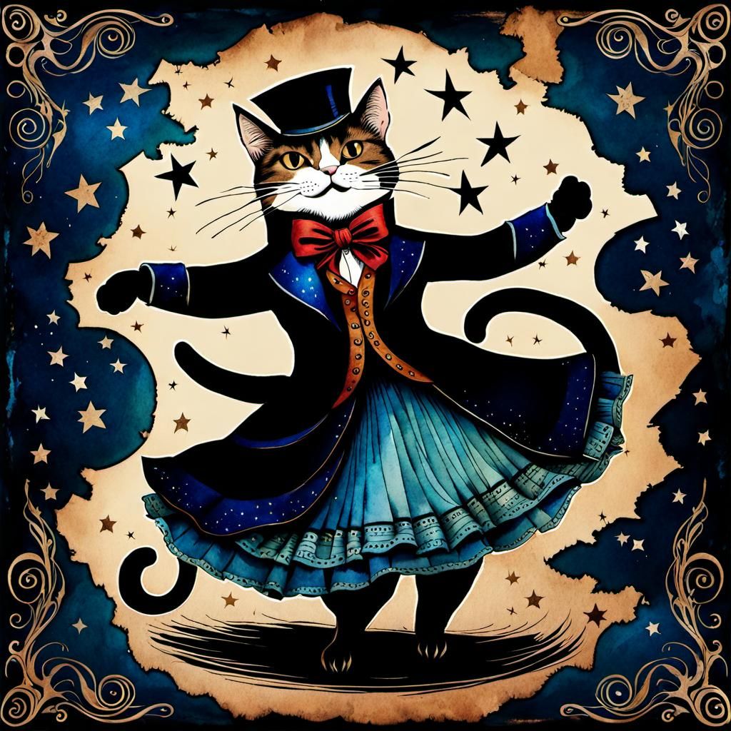 Victorian Dancing Cat in Starry Night Watercolor