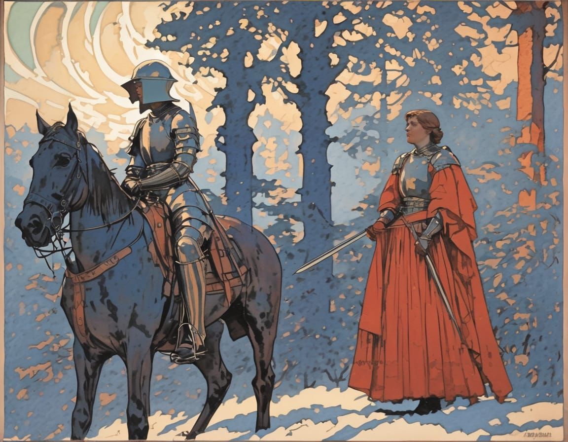 Knight in Armour Contemplating Battle, Inspired by Classic A...