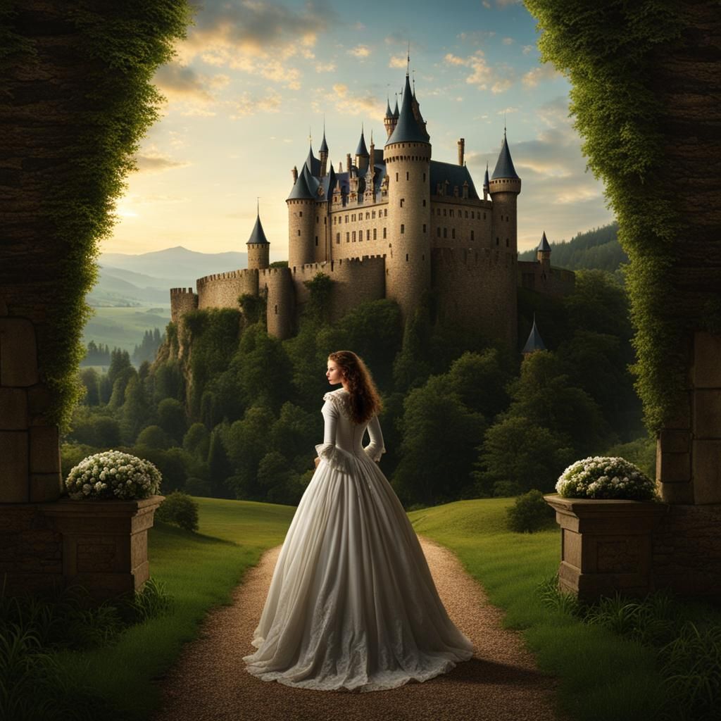 Mystical Woman Stands Before Castle