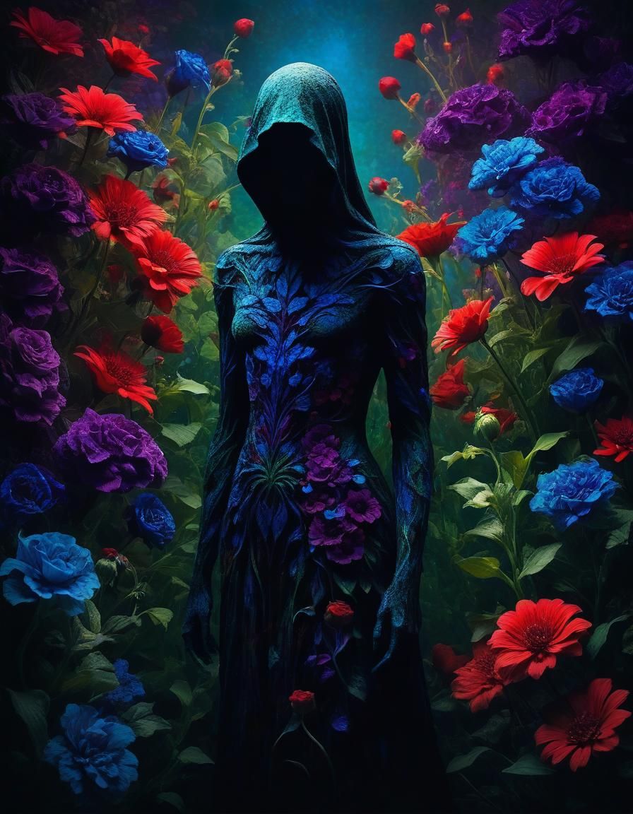 Surreal Shadow Figure Engulfed in Vibrant Flowers