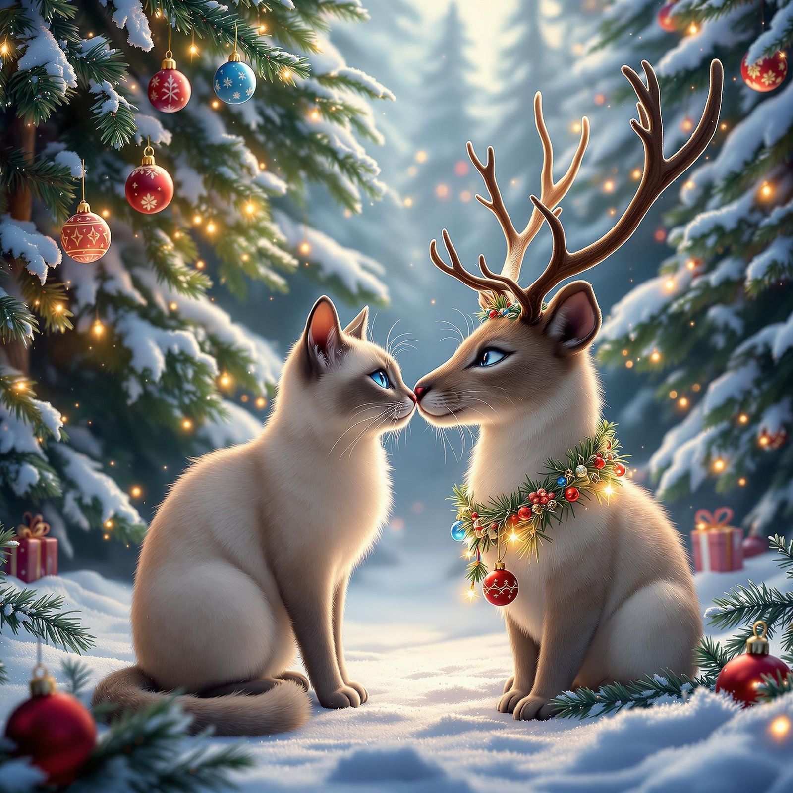 Siamese Cat and Reindeer Touching Noses