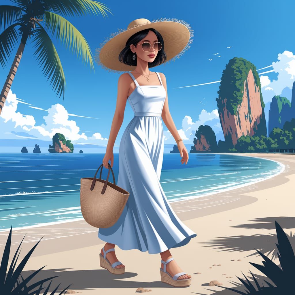 Thai Woman Strolls Peacefully on Tropical Beach in Hyper Rea...