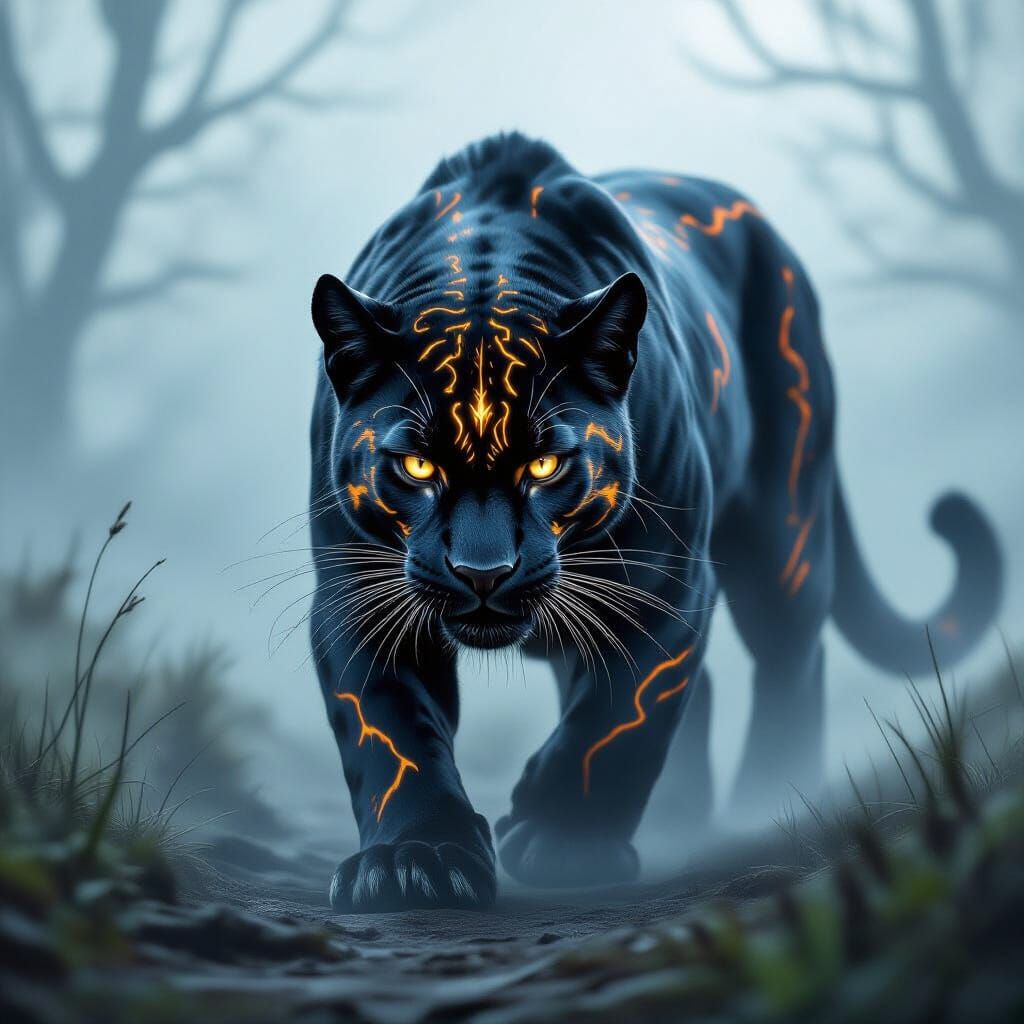 Cursed Panther with Glowing Runes and Molten Gold Eyes