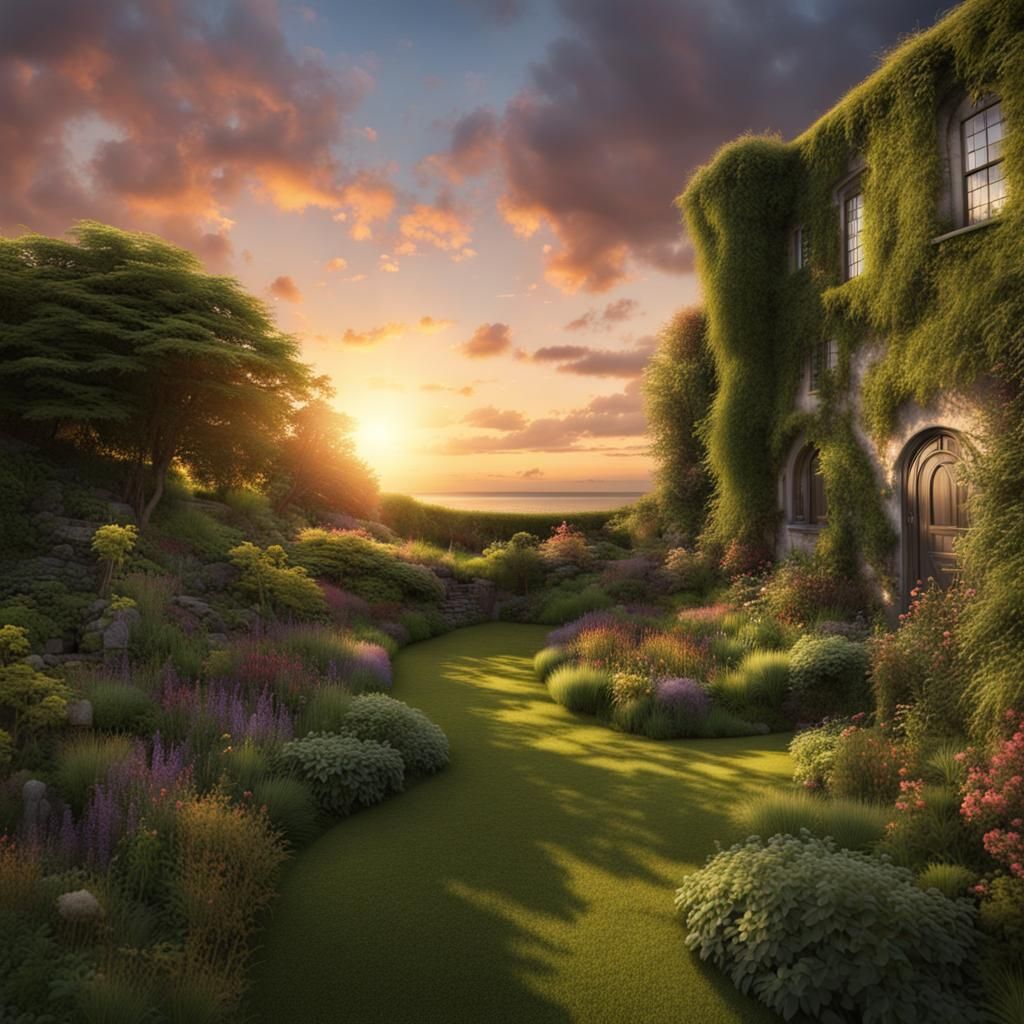 Irish Secret Garden at Summer Sunset