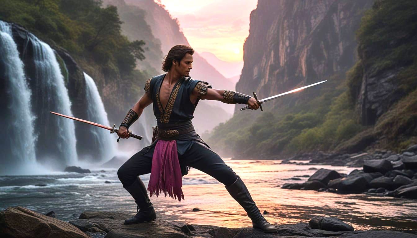 Chivalrous Swordfighter in Sunset Splendor