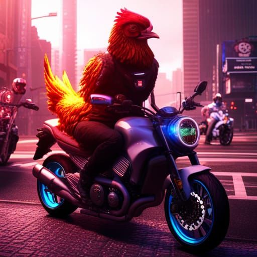 Cyberpunk Chicken Rides Motorcycle: Detailed Matte Painting