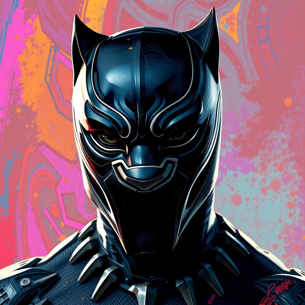 Masked Black Panther in Dramatic Splash Art Style