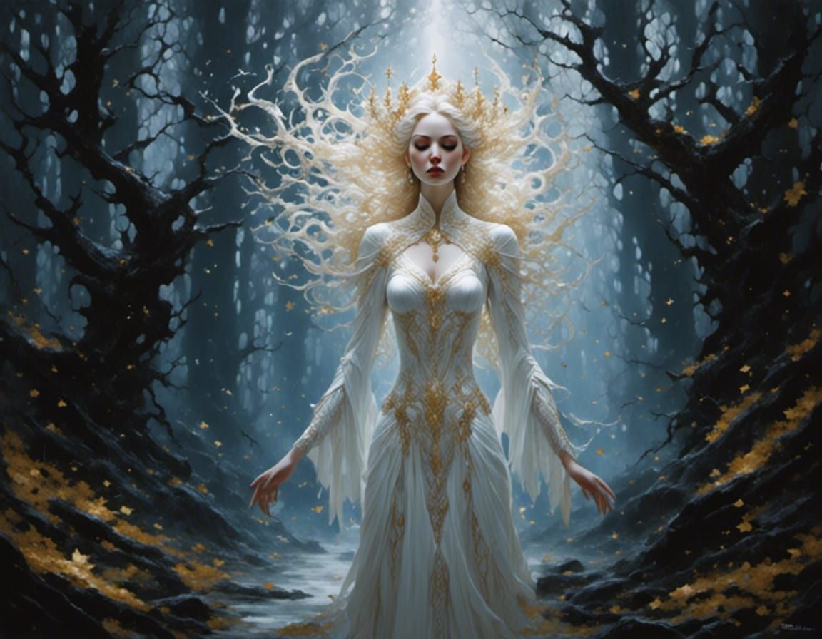 Woman in Woods: Dark Fantasy Oil Painting