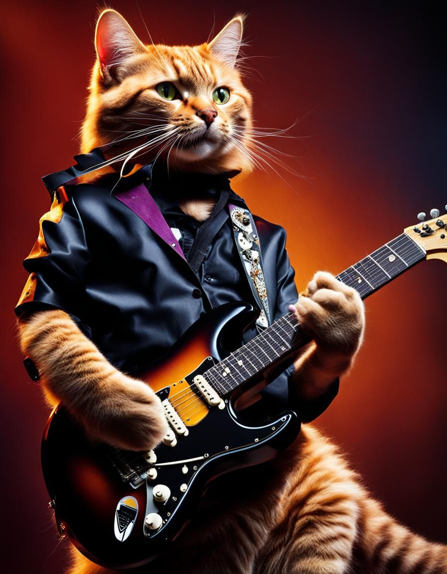 Cat Plays Guitar in Psychedelic Rock Style