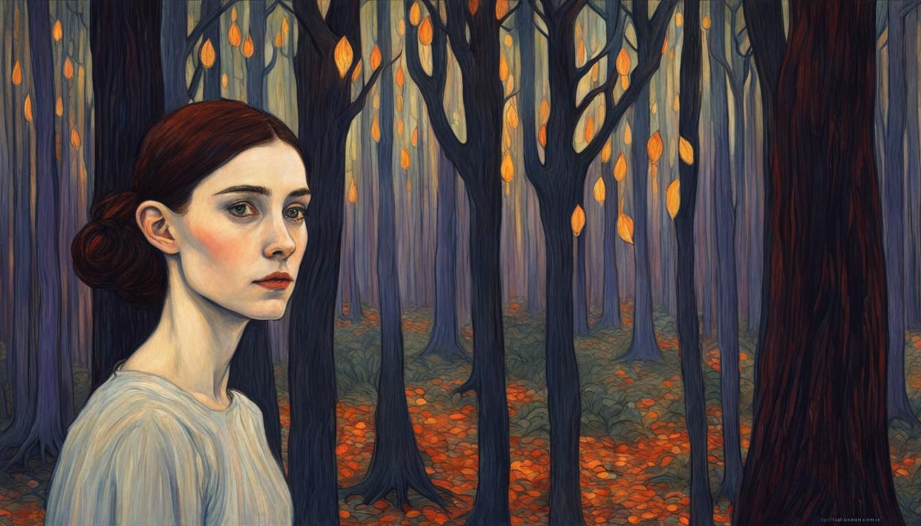 Woman with Halo in Dark Woods, Pre-Raphaelite Style