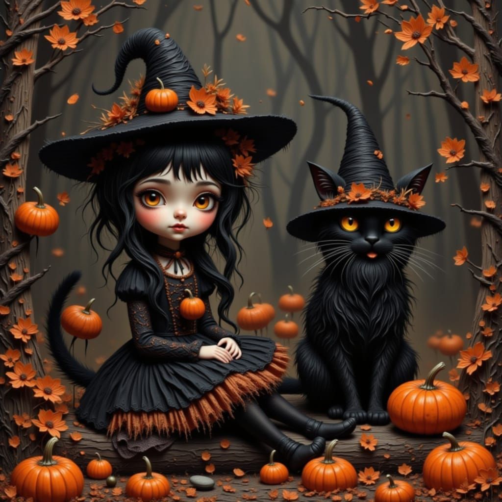 Witch Girl and Black Cat in Halloween Costumes