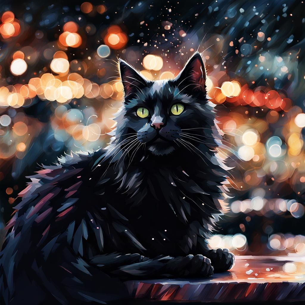 Happy Black Cat in Night Cafe: Digital Illustration