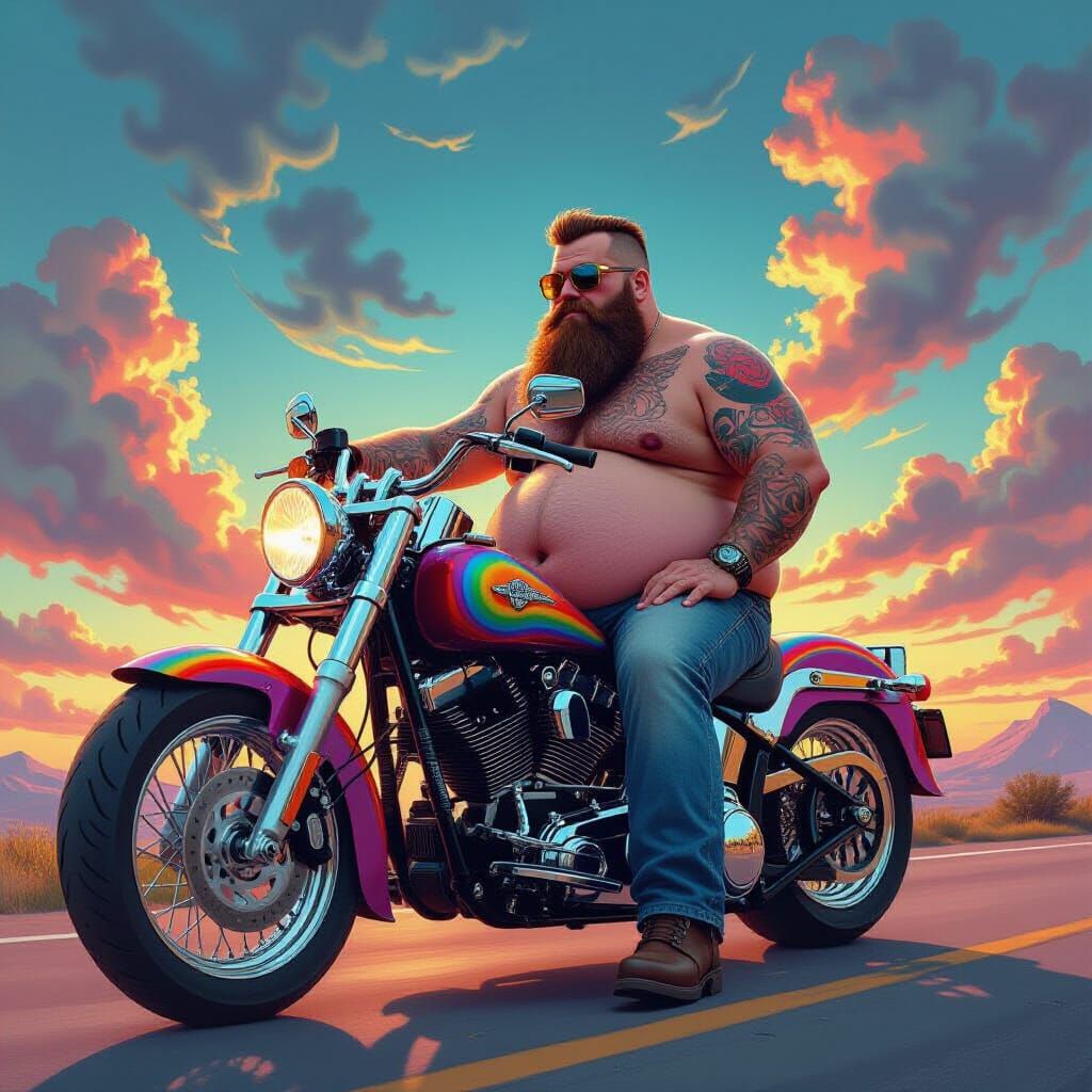 Hyperrealistic Biker on Psychedelic Harley Davidson