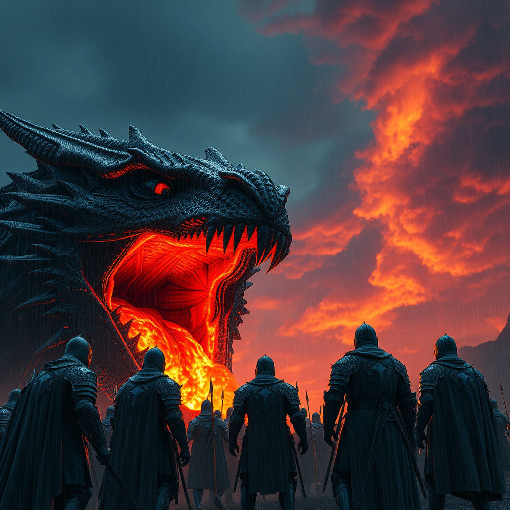 Knights vs Dragon in a Fiery Evening Storm