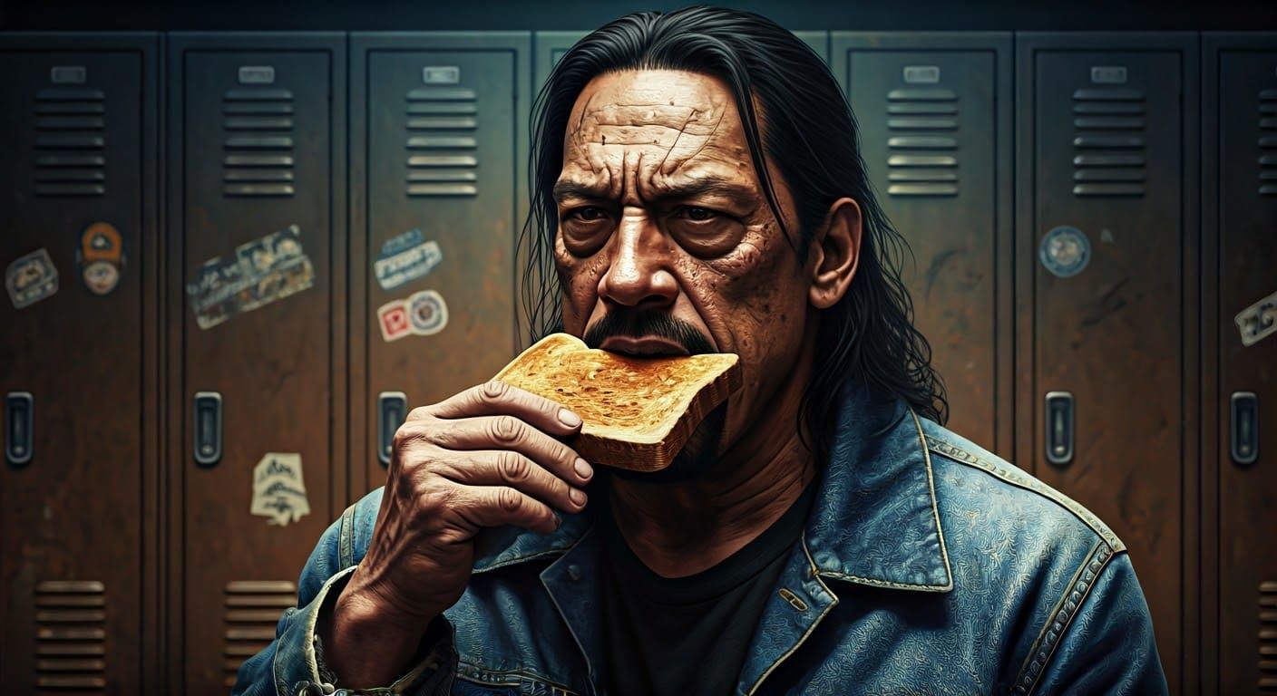 Danny Trejo Bites Toast: Hyperrealistic Maximalist Art