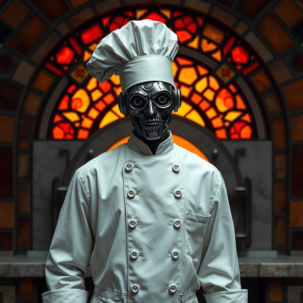 Cyborg Pizza Chef in Stained Glass Style