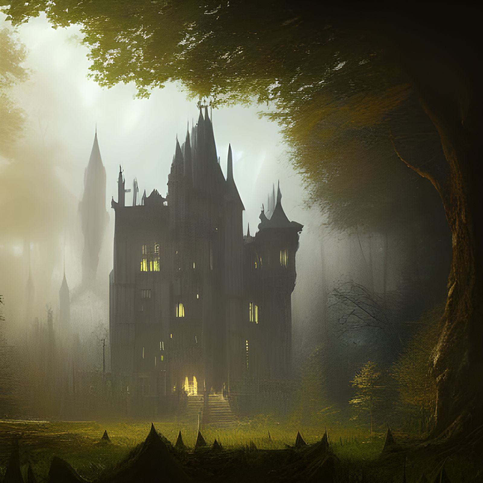 Gothic Castle in Forest: Dark Fantasy Concept Art