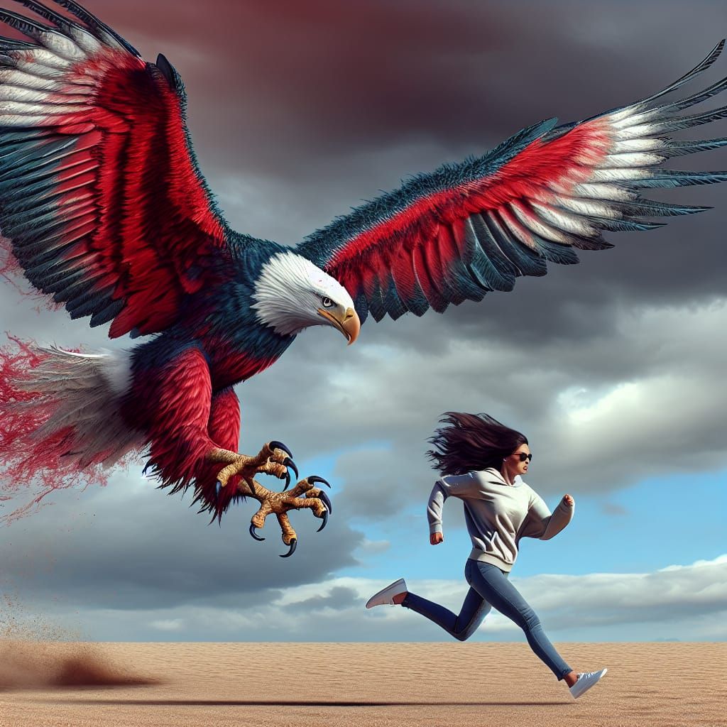 Giant Red Eagle Chasing Woman Into Woods
