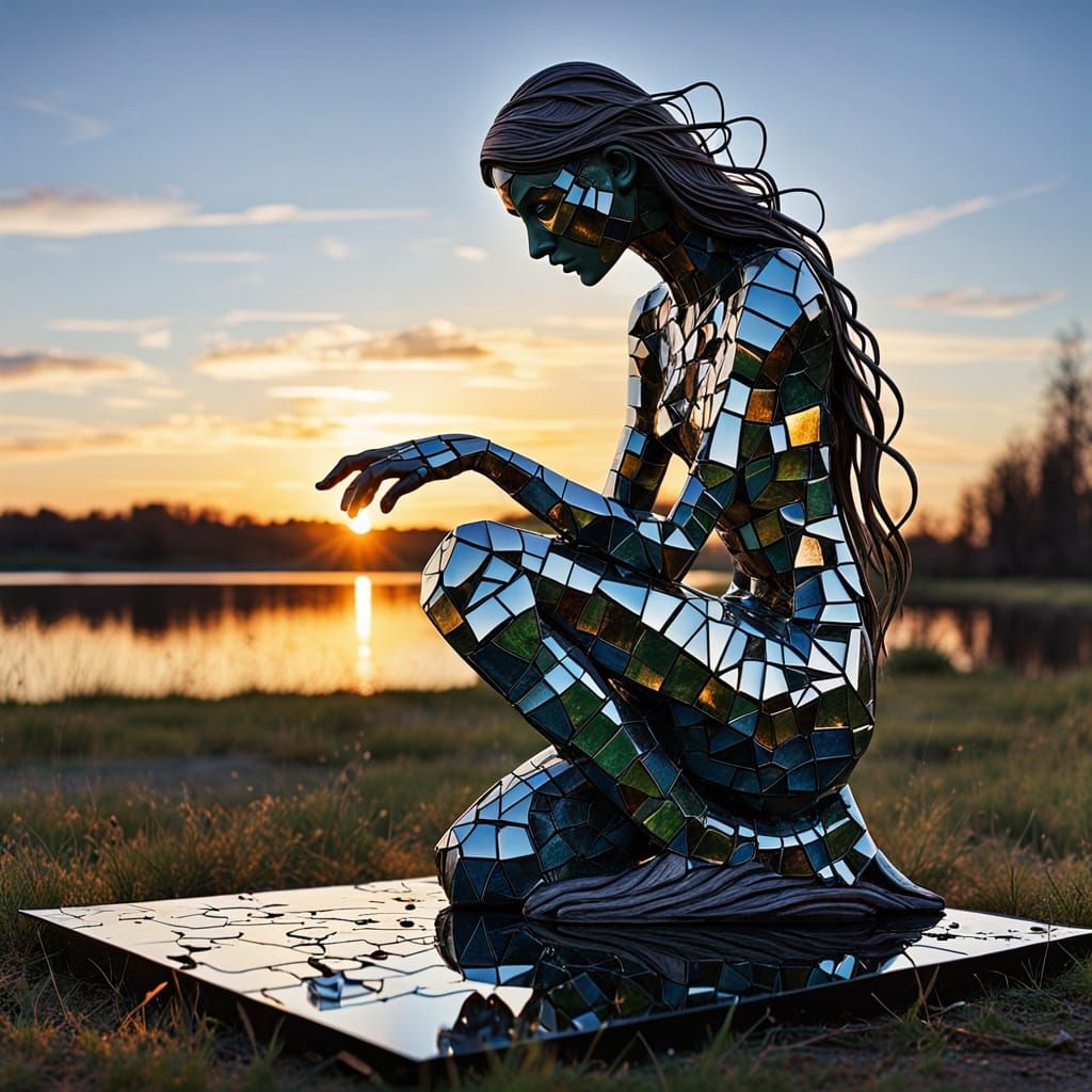 Surreal Fragmented Sculpture of Resilient Woman with Glowing...
