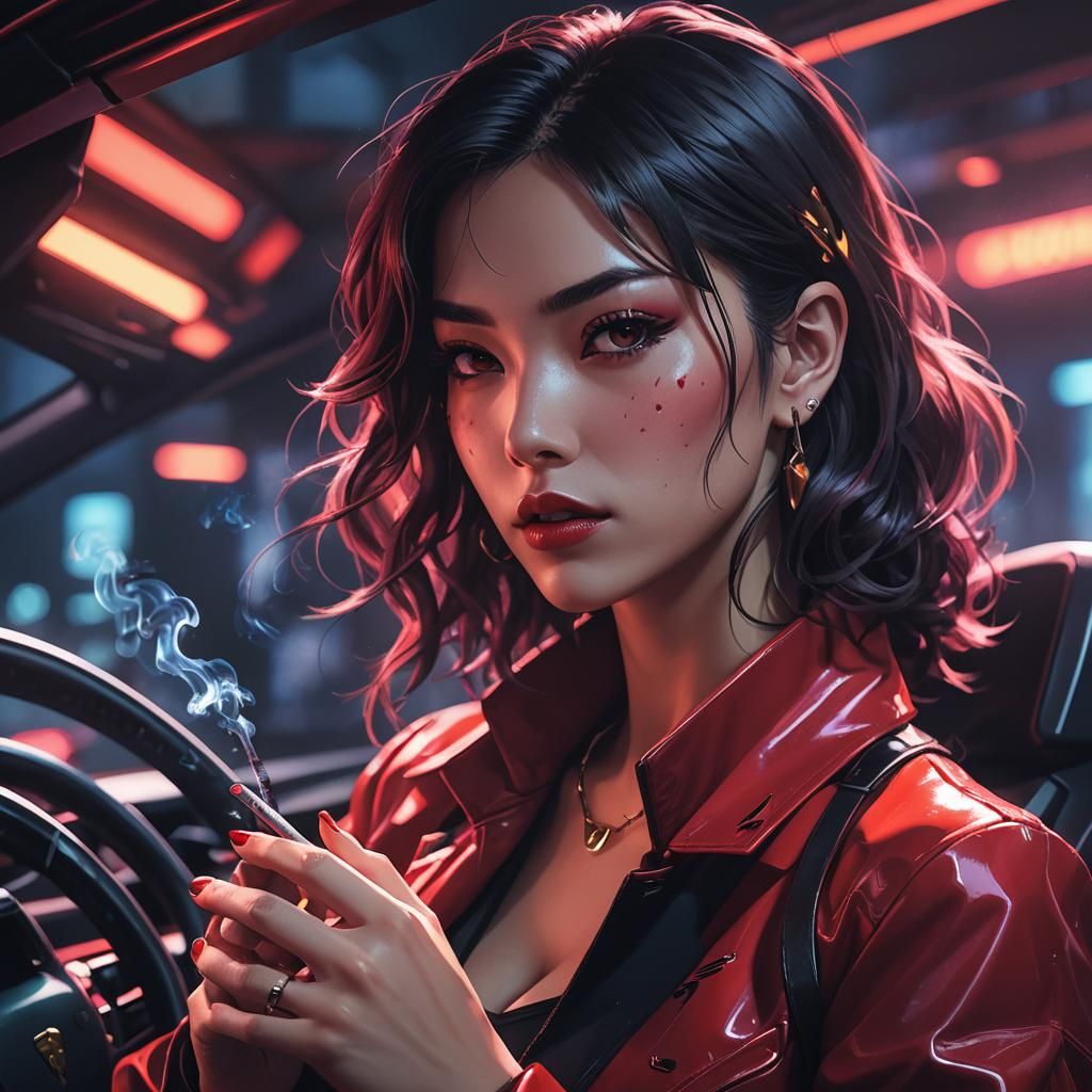 Anime Girl Smoking in Neon Lamborghini: 3D Art
