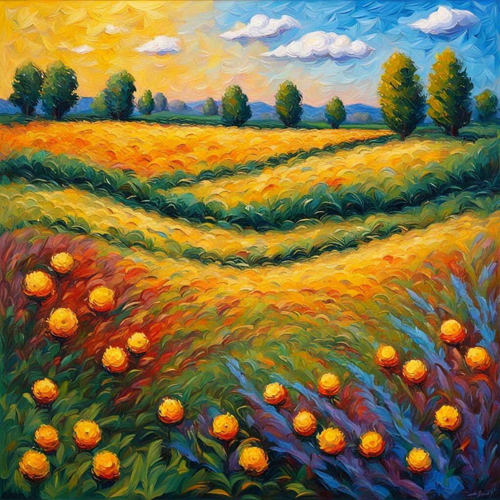 Colorful Sunny Field in Expressionist Impasto Style