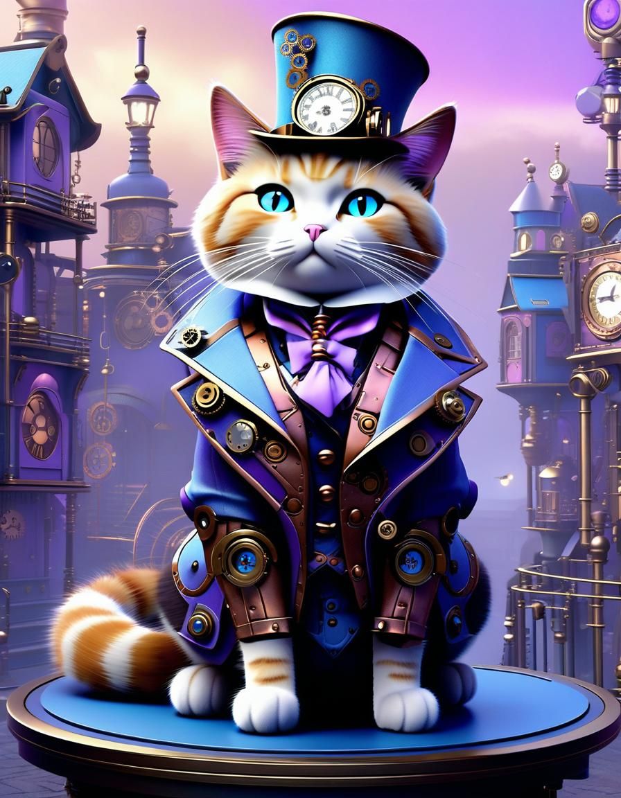 Animated Image of a cat dressed in Steampunk style in open s...
