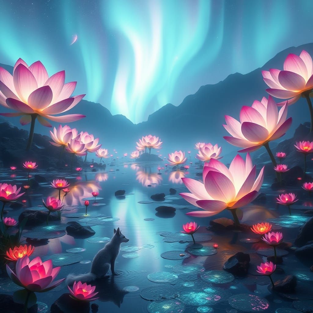 Glitched Aurora Lake with Winged Foxes in Digital Art