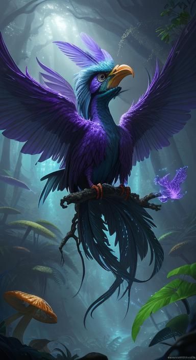 Alien Bird on Mushroom in Fantasy Forest