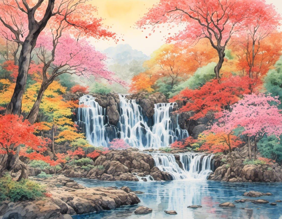 Waterfall Scene in Nihonga Style Watercolor