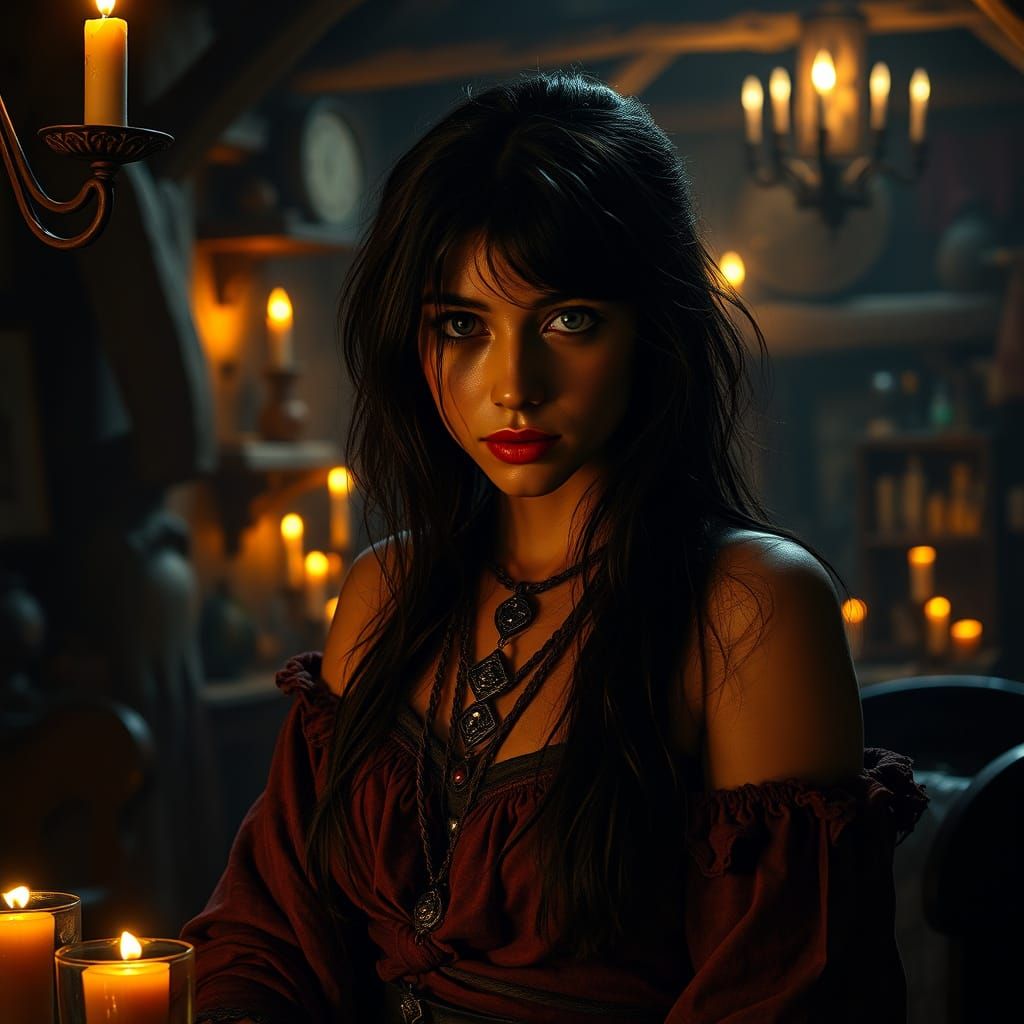 Fantasy Gypsy Girl in Candlelit Tavern