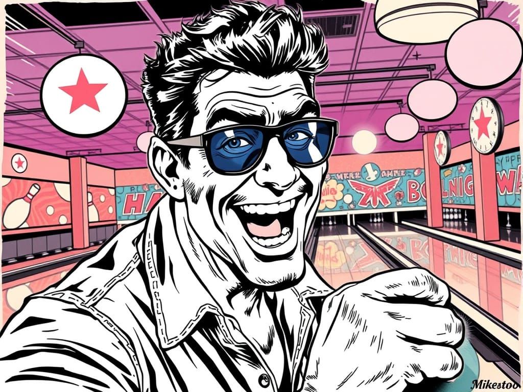 Swaggering Greaser Celebrates Strike in Retro Bowling Alley