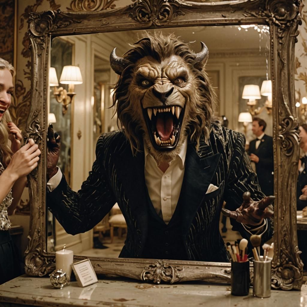Beast and Laughing Reflection: A Baz Luhrmann Scene