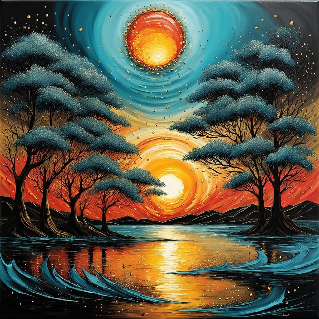 Viscous Sunset Impasto Painting with Gold Leaf