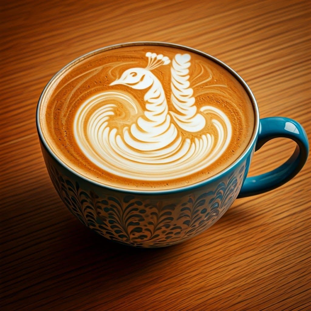 Latte Art Peacock Swan: Pencil Sketch on Canvas