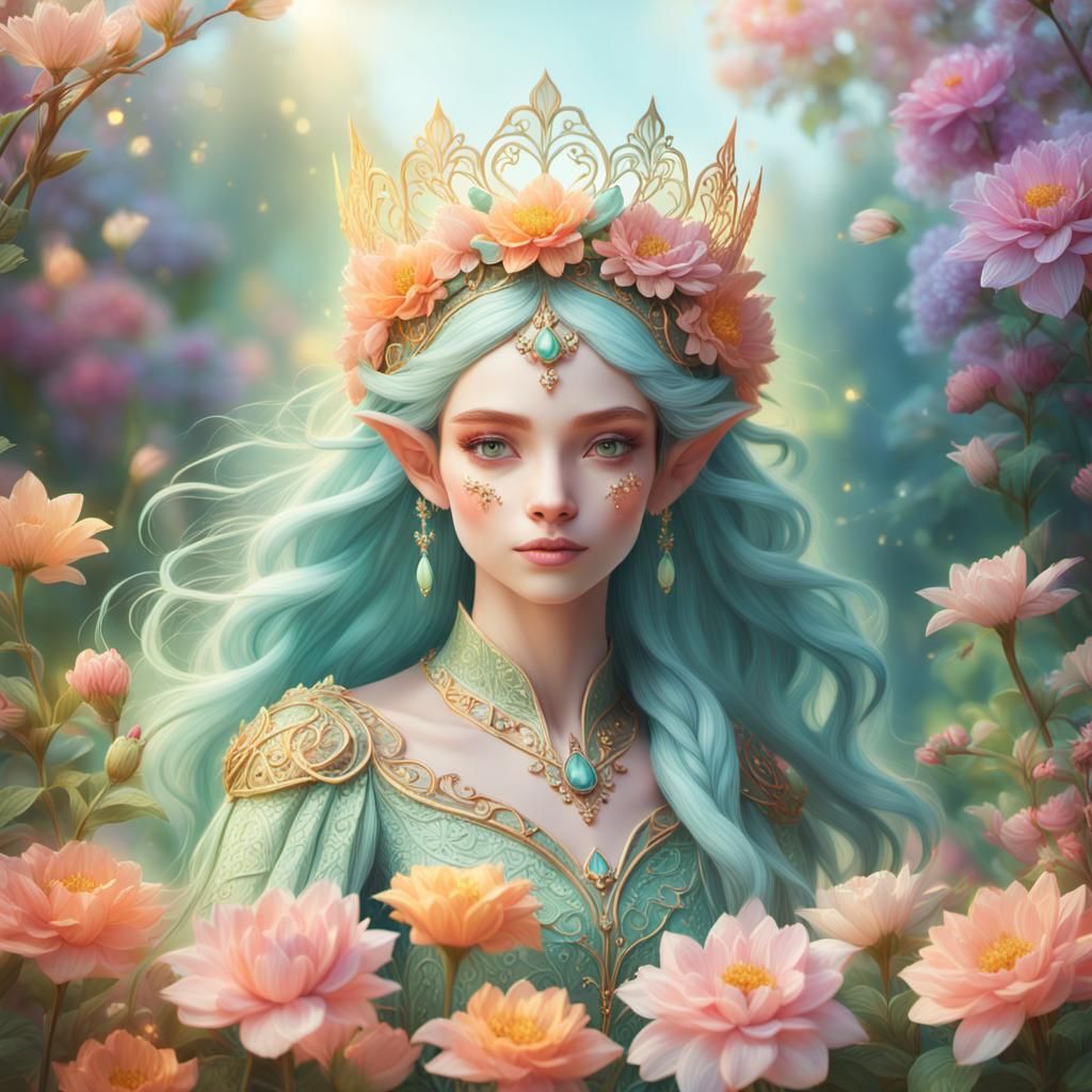 Regal Elf Queen in Lush Fantasy Garden