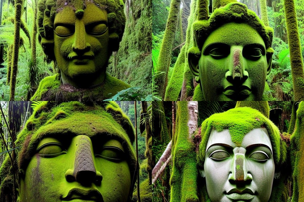 Degraded giant head of a statue of a God in jungle covered i...