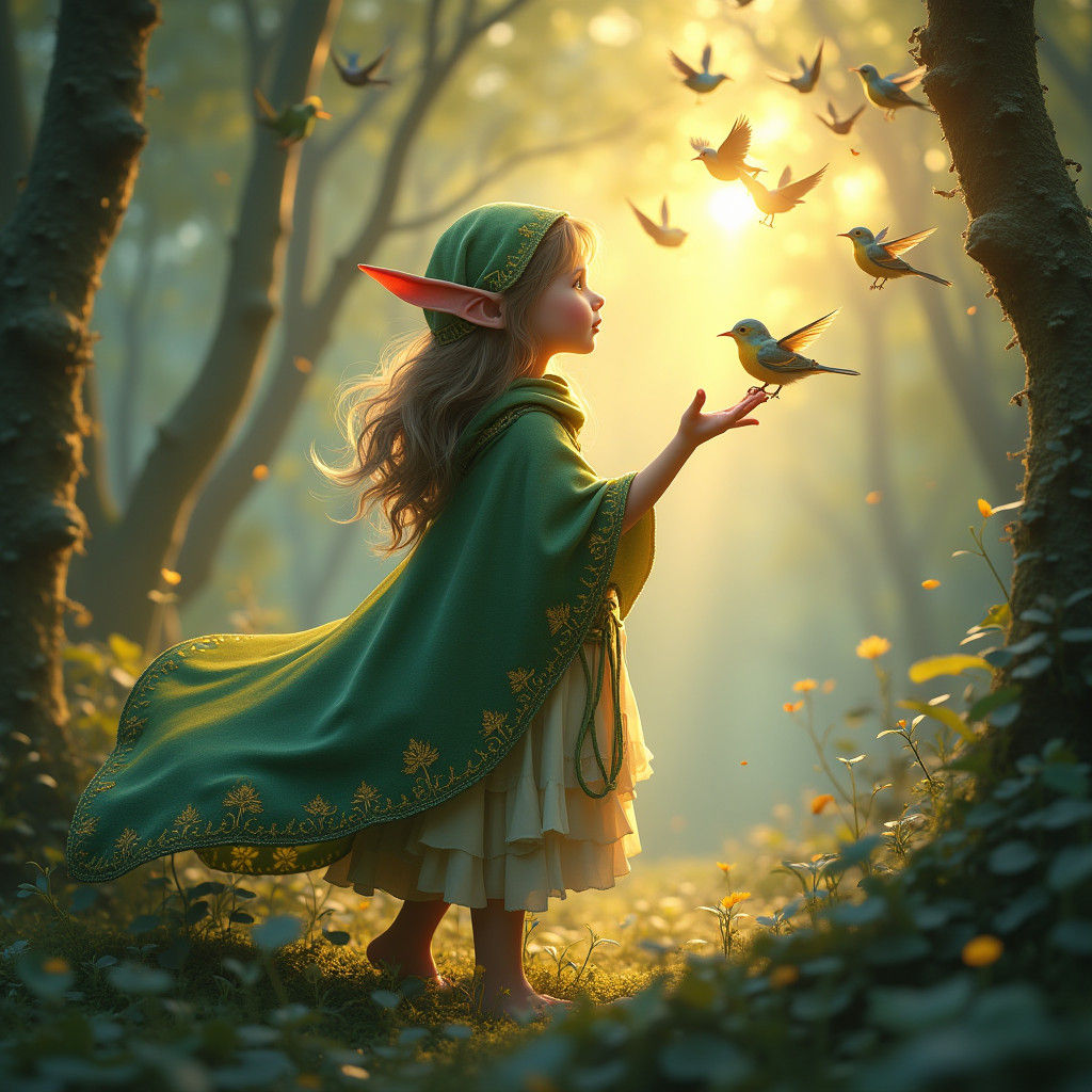 Enchanted Elf Feeds Birds in Forest Glade