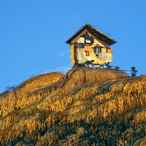 Hilltop House Oil Painting with Lonely Figure