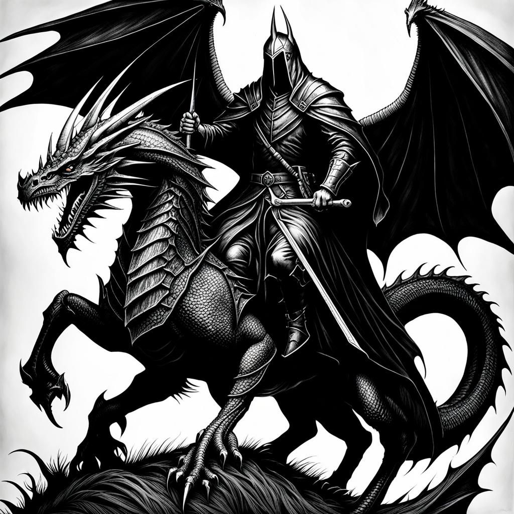 Nazgul on Dragon: Pencil and Ink Drawing