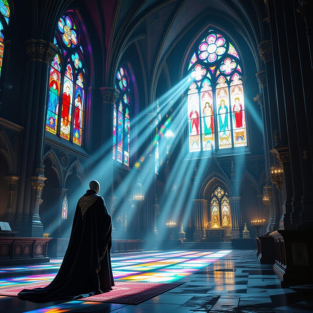 Monk in Gothic Cathedral with Stained Glass