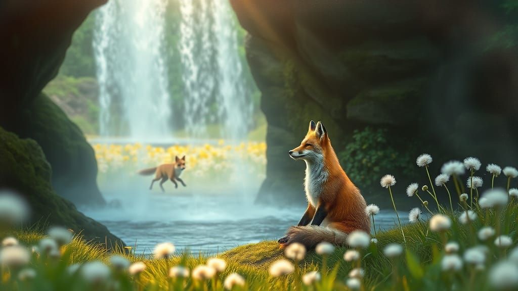 Meditative Fox Under Waterfall: Surreal Dreamscape