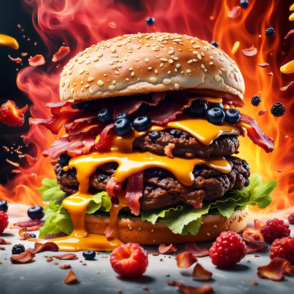 decadent delicious beef cheese, bacon burger disintegrating to smoke, assorted juicy berries, smoke everywhere